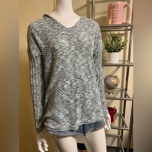 J. Jill Blue and white Open-Textured V-Neck hoodie Sweater - beach, hotel wear